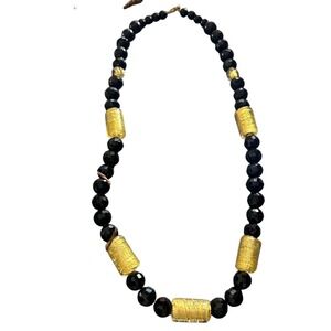 Vintage Black Gold Foil Glass Beaded Necklace Murano Style Statement 22"
